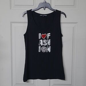 Rock 'N Karma 'I ❤️ FASHI☮️N' Black Tank Top Scoop Neck Sequins Beaded Front L